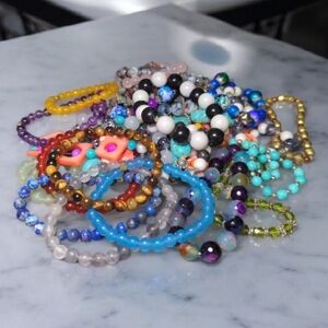 Colorful Beaded Bracelet Lot –Stretch Stack Bracelets Mixed Stones, Glass & More